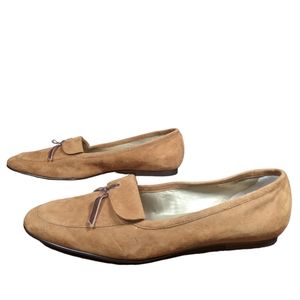 Suede Leather Loafers Sz 10 Carmel Brown Low Heel Slip On Minimalist Academia